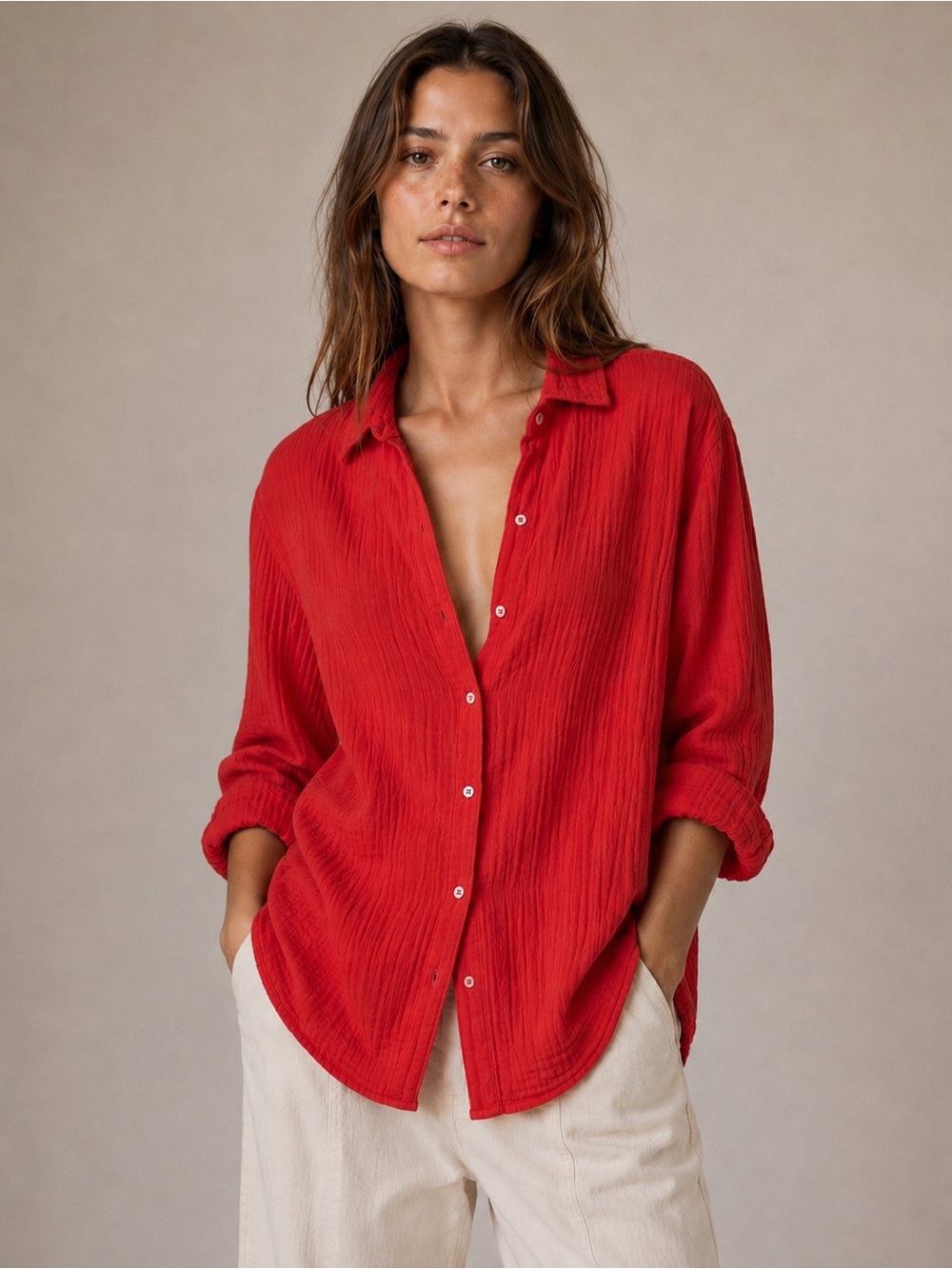 Xirena coral gauzy cotton relaxed fit button down shirt